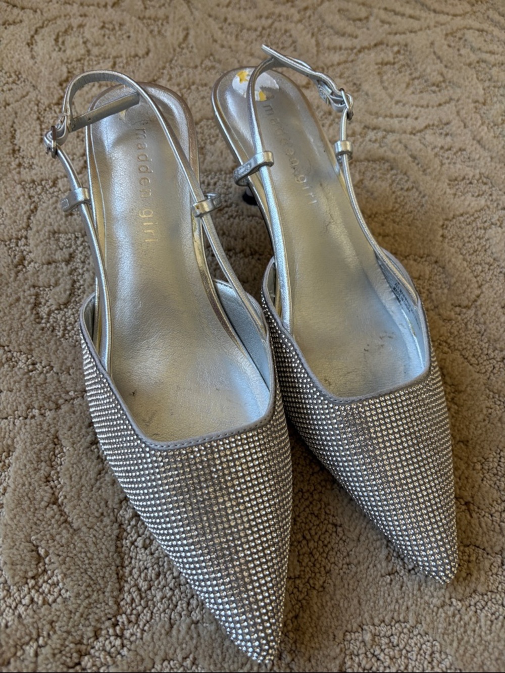 Madden Girl Silver Crystal Pointed Slingback Heels